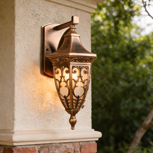 Antique Art Deco Outdoor Wall Lantern Bronze Floral Glass E27 IP54 Courtyard