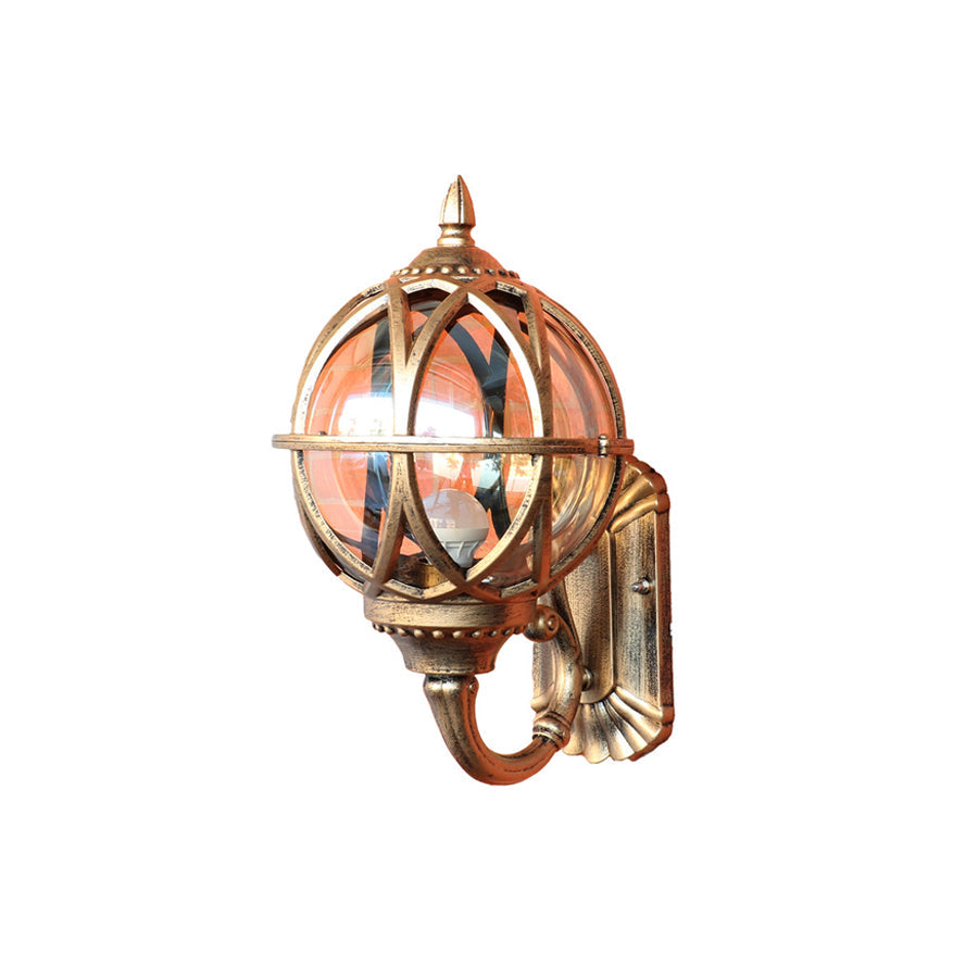 European Globe Outdoor Wall Sconce Cast Aluminum Amber Glass IP55 E27 Black Bronze 3 Sizes