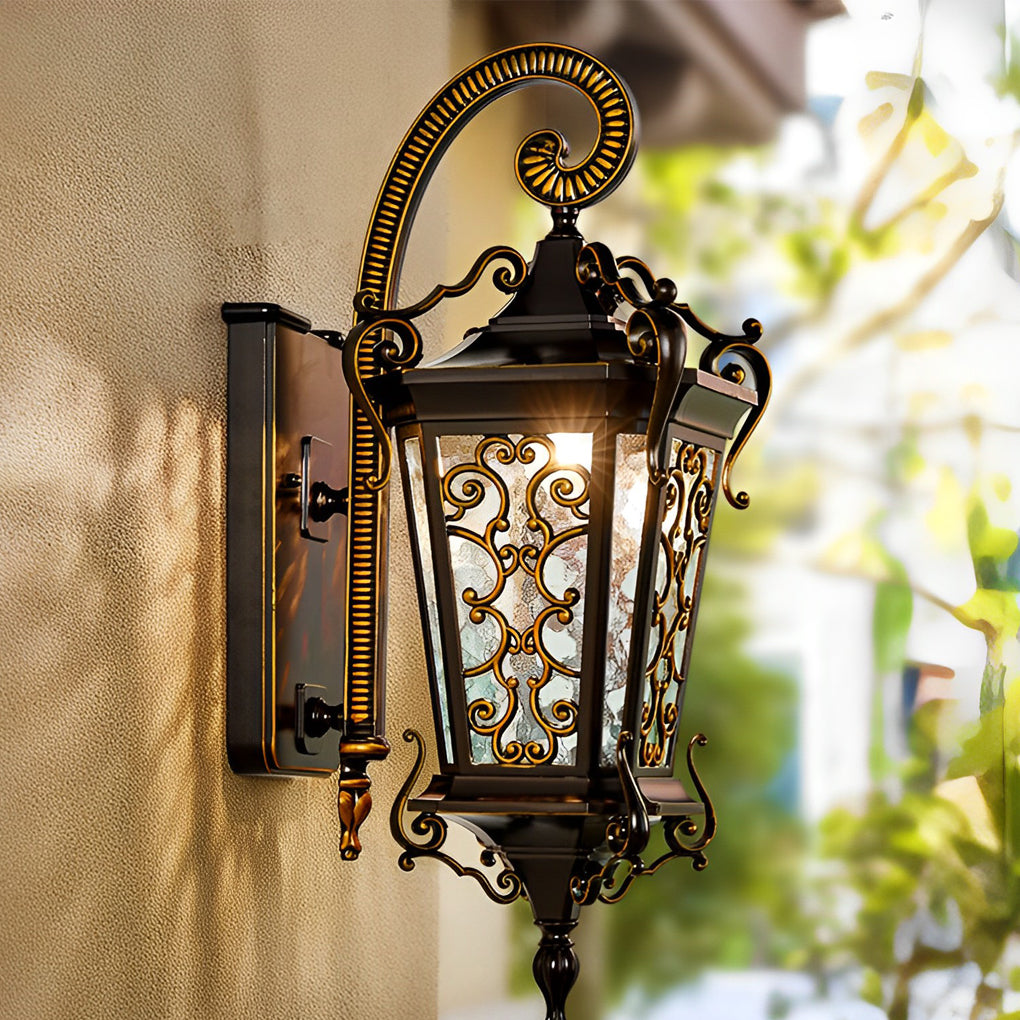 Antique European Lantern Outdoor Wall Sconce Ornate Aluminum Glass Polished Black IP55 490LM 3000K Garden Gate