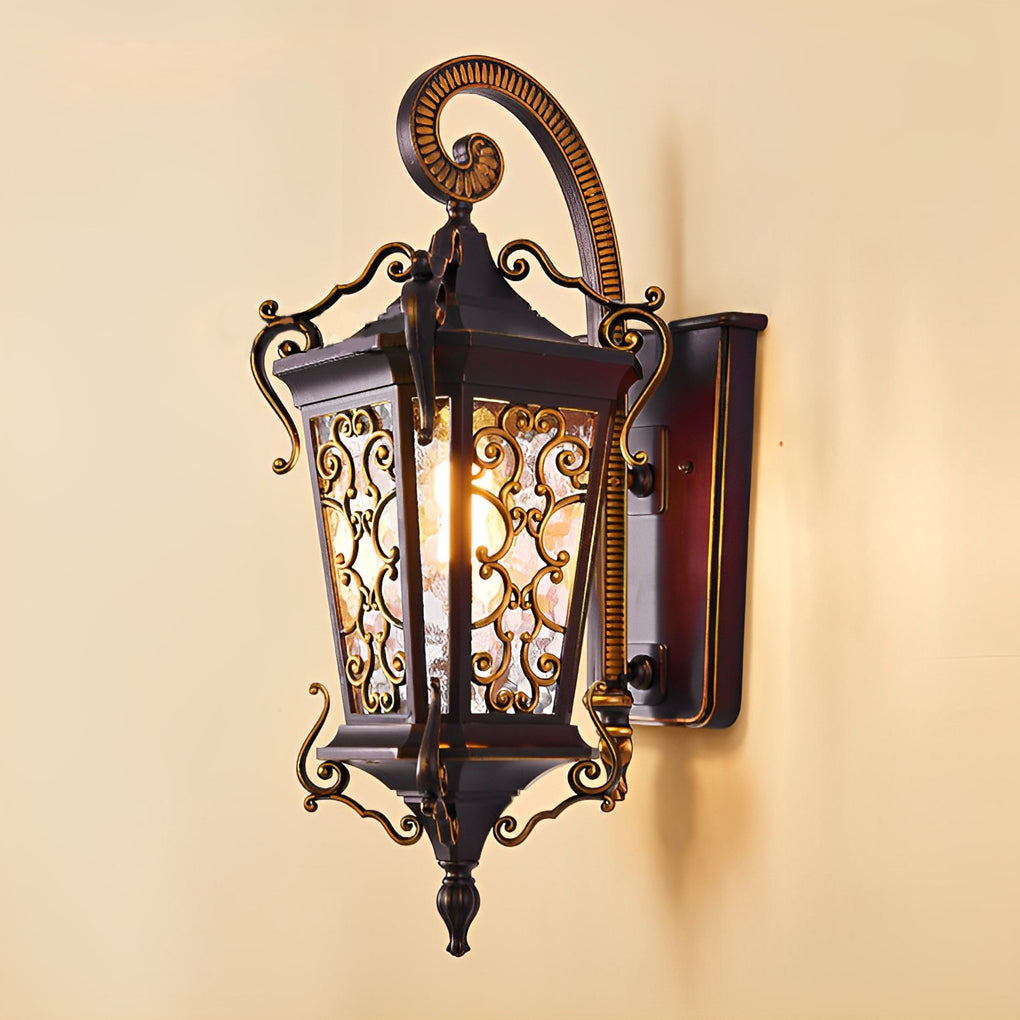Antique European Lantern Outdoor Wall Sconce Ornate Aluminum Glass Polished Black IP55 490LM 3000K Garden Gate