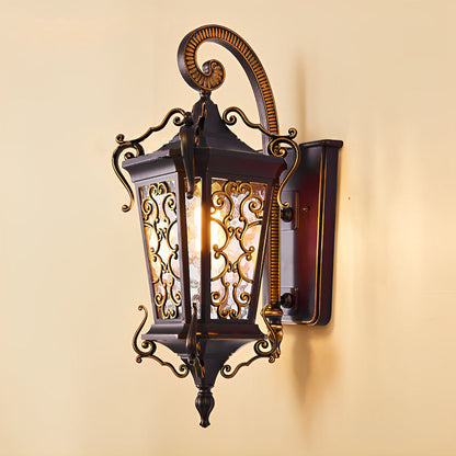 Antique European Lantern Outdoor Wall Sconce Ornate Aluminum Glass Polished Black IP55 490LM 3000K Garden Gate