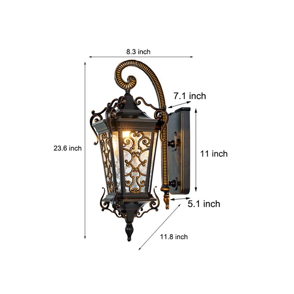 Antique European Lantern Outdoor Wall Sconce Ornate Aluminum Glass Polished Black IP55 490LM 3000K Garden Gate