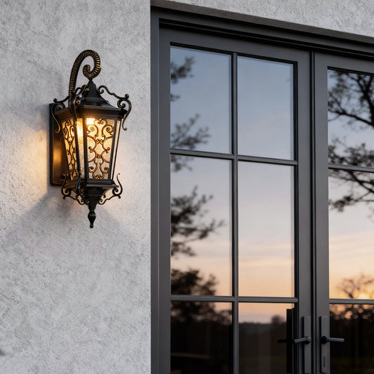 Antique European Lantern Outdoor Wall Sconce Ornate Aluminum Glass Polished Black IP55 490LM 3000K Garden Gate