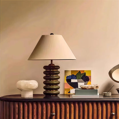 Retro Industrial Iron Table Lamp Stacked Ring Base Beige Fabric Shade E27 American Style Green White Wood 17.72 Inch