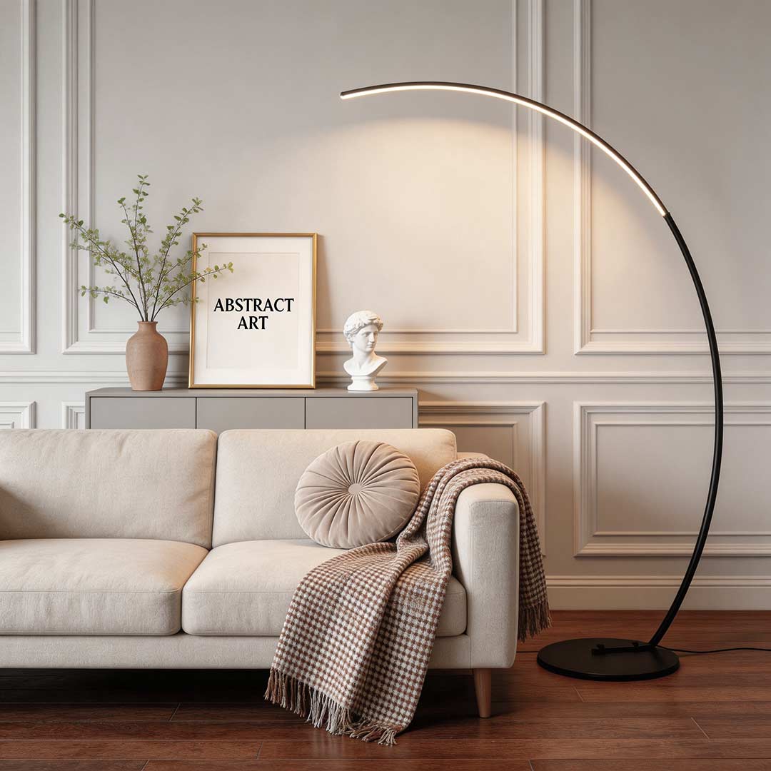 Modern Arc Floor Lamp LED Dimmable Remote Control Shadeless Aluminum Black White Living Room Bedroom 67 Inch