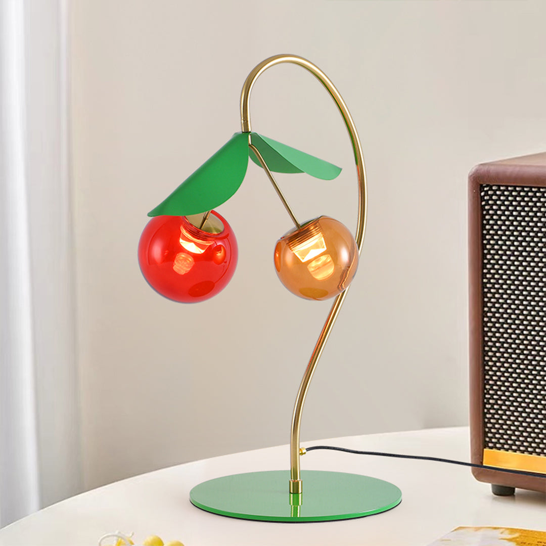 Nordic Cherry Glass Dual Head Table Lamp Gold Metal Green Leaf Tri-Color LED 12W 20.08 Inch