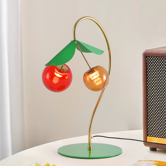 Nordic Cherry Glass Dual Head Table Lamp Gold Metal Green Leaf Tri-Color LED 12W 20.08 Inch