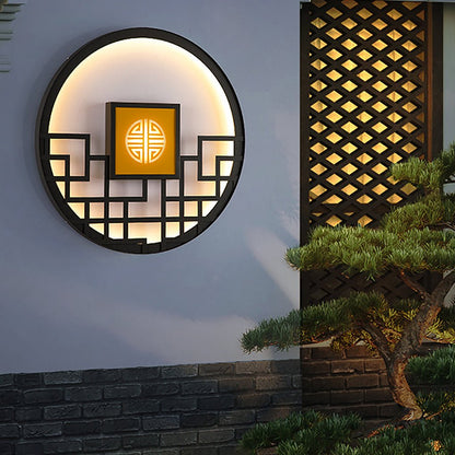 Round Asian Lattice Outdoor Wall Sconce Stainless Steel LED 4 Sizes Black Gray