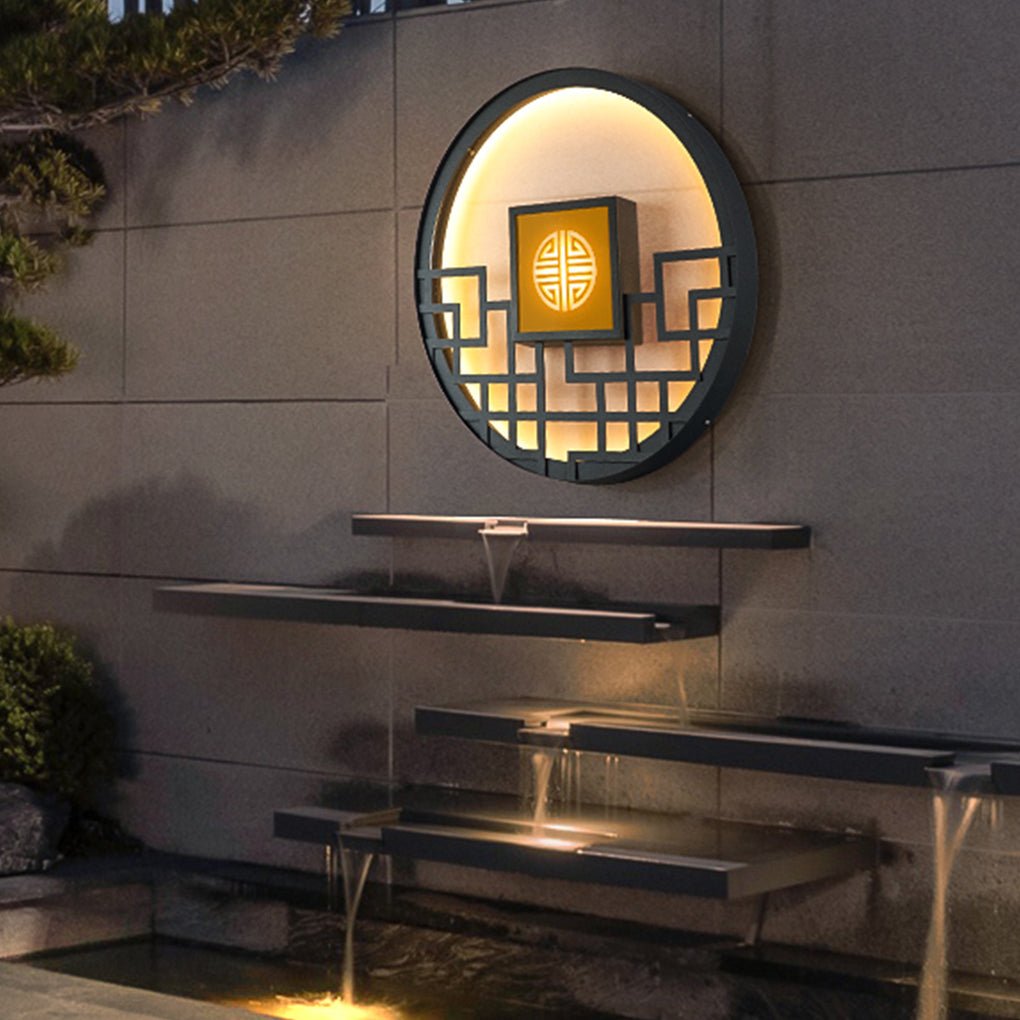 Round Asian Lattice Outdoor Wall Sconce Stainless Steel LED 4 Sizes Black Gray
