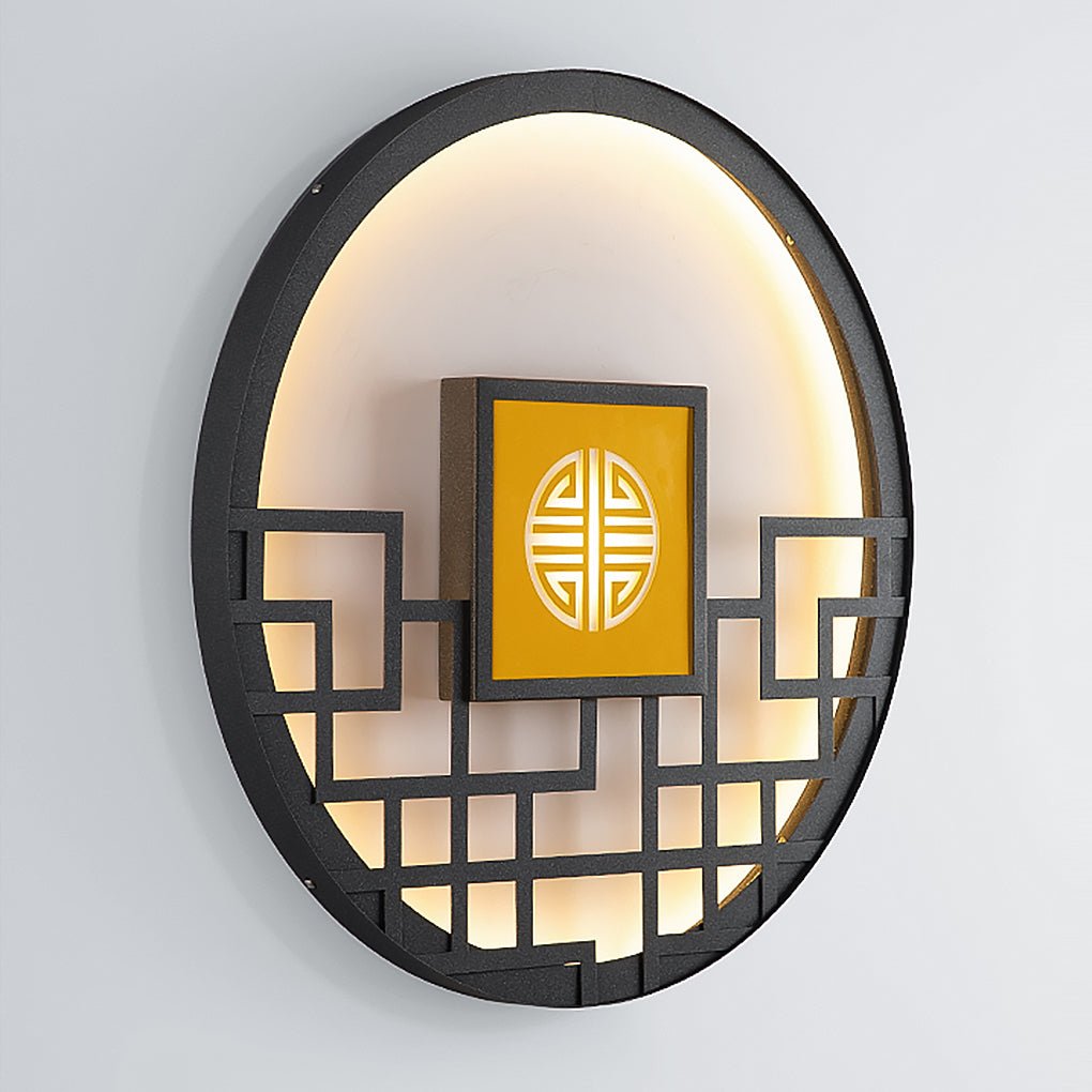 Round Asian Lattice Outdoor Wall Sconce Stainless Steel LED 4 Sizes Black Gray