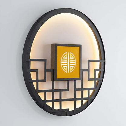 Round Asian Lattice Outdoor Wall Sconce Stainless Steel LED 4 Sizes Black Gray