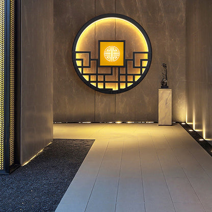 Round Asian Lattice Outdoor Wall Sconce Stainless Steel LED 4 Sizes Black Gray