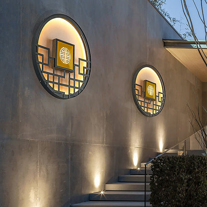Round Asian Lattice Outdoor Wall Sconce Stainless Steel LED 4 Sizes Black Gray