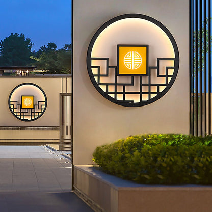 Round Asian Lattice Outdoor Wall Sconce Stainless Steel LED 4 Sizes Black Gray