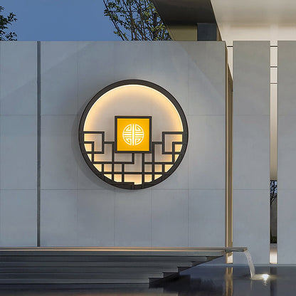 Round Asian Lattice Outdoor Wall Sconce Stainless Steel LED 4 Sizes Black Gray