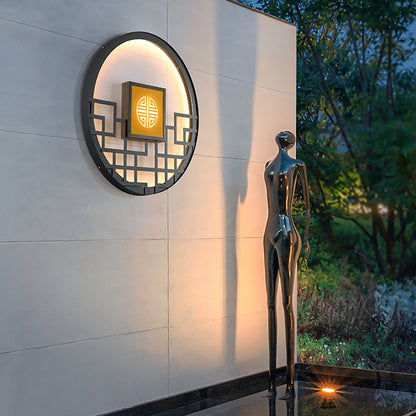 Round Asian Lattice Outdoor Wall Sconce Stainless Steel LED 4 Sizes Black Gray