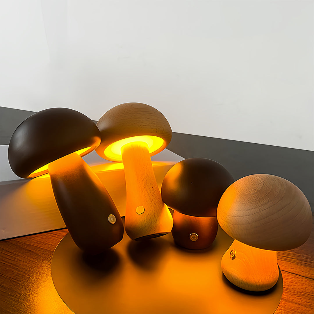Beech Wood Mushroom LED Night Lamp Touch Dimming Four Shapes Two Finishes