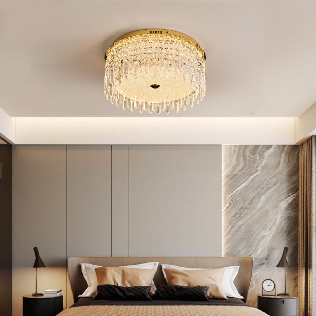 Waterfall Crystal Drop Flush Mount in Champagne Gold Carbon Steel with 3-Step Colour Temperature in Three Sizes