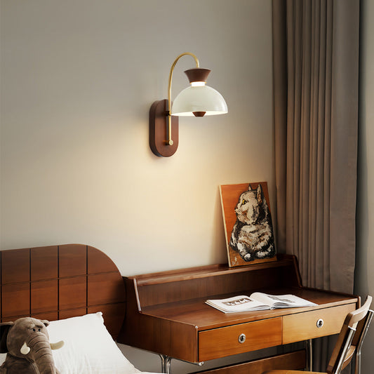 Vintage Nordic Wall Sconce Wood Walnut Retro Modern Dome LED Bedroom Living Room Study