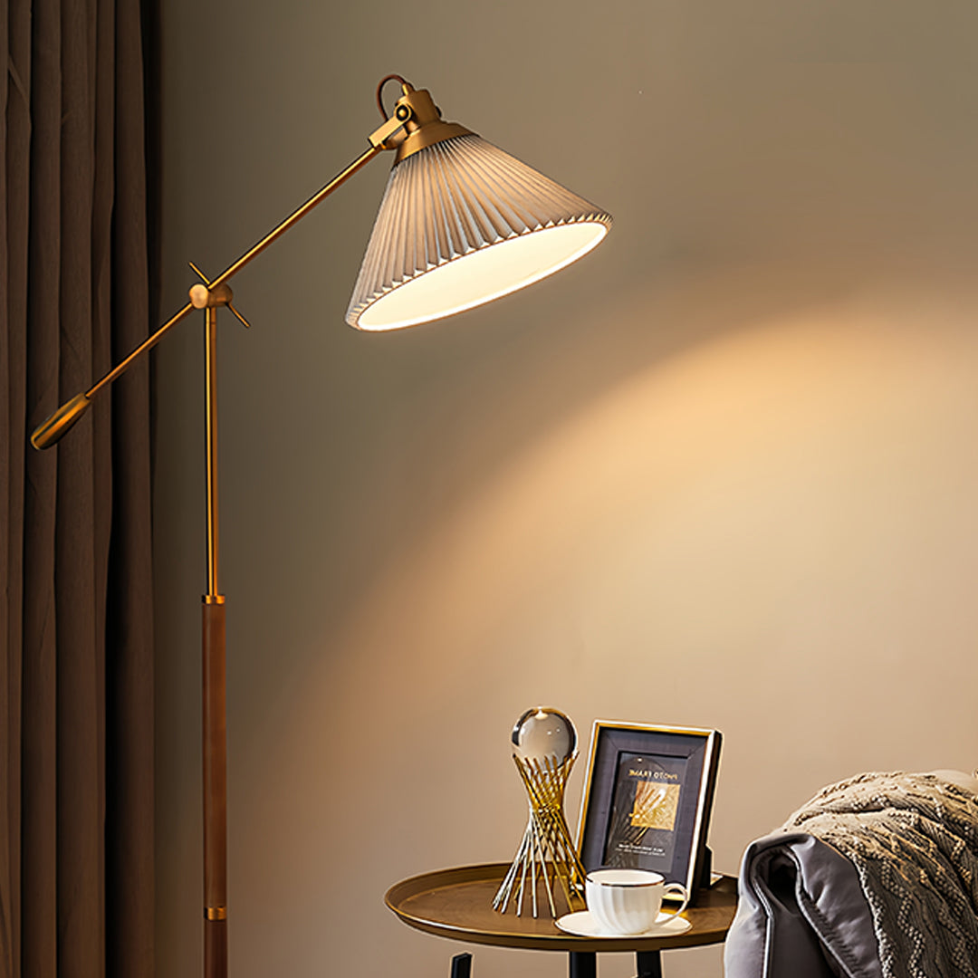 Floor Reading Lamp LED Swing Arm Pleated Fabric Shade Ash Wood Base Brass Pole Retro Luxury Dimmable Remote 2 Colors 49 Inch
