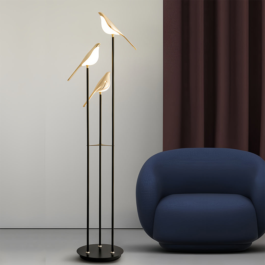 Decorative Floor Lamp 3 Heads Magpie Bird LED Gold Zinc Alloy Acrylic Optical Tube Nordic Artistic 4000K Foot Switch 60 Inch