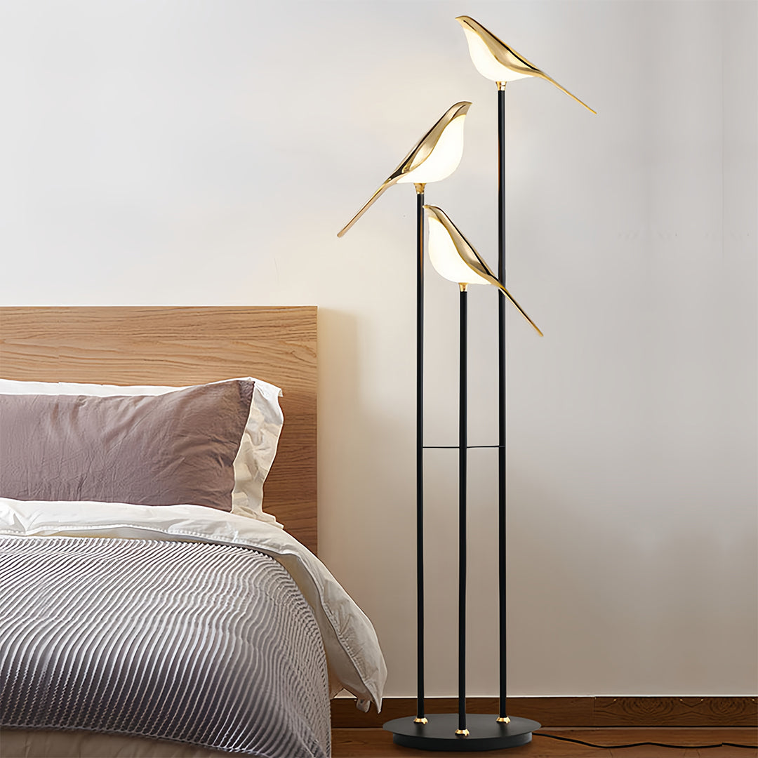 Decorative Floor Lamp 3 Heads Magpie Bird LED Gold Zinc Alloy Acrylic Optical Tube Nordic Artistic 4000K Foot Switch 60 Inch