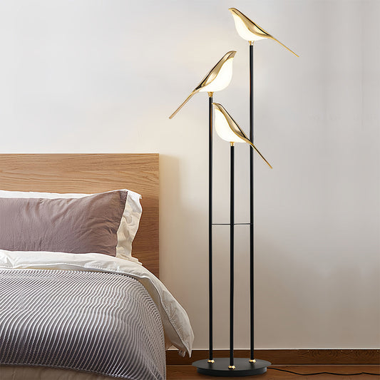 Decorative Floor Lamp 3 Heads Magpie Bird LED Gold Zinc Alloy Acrylic Optical Tube Nordic Artistic 4000K Foot Switch 60 Inch