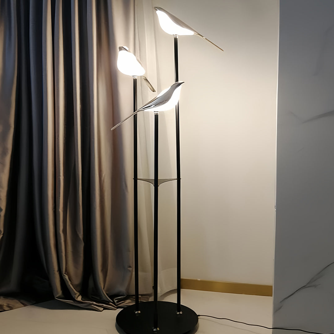 Decorative Floor Lamp 3 Heads Magpie Bird LED Gold Zinc Alloy Acrylic Optical Tube Nordic Artistic 4000K Foot Switch 60 Inch