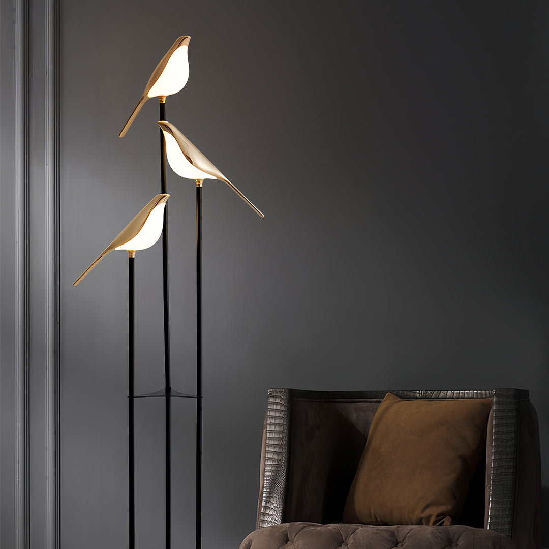 Decorative Floor Lamp 3 Heads Magpie Bird LED Gold Zinc Alloy Acrylic Optical Tube Nordic Artistic 4000K Foot Switch 60 Inch