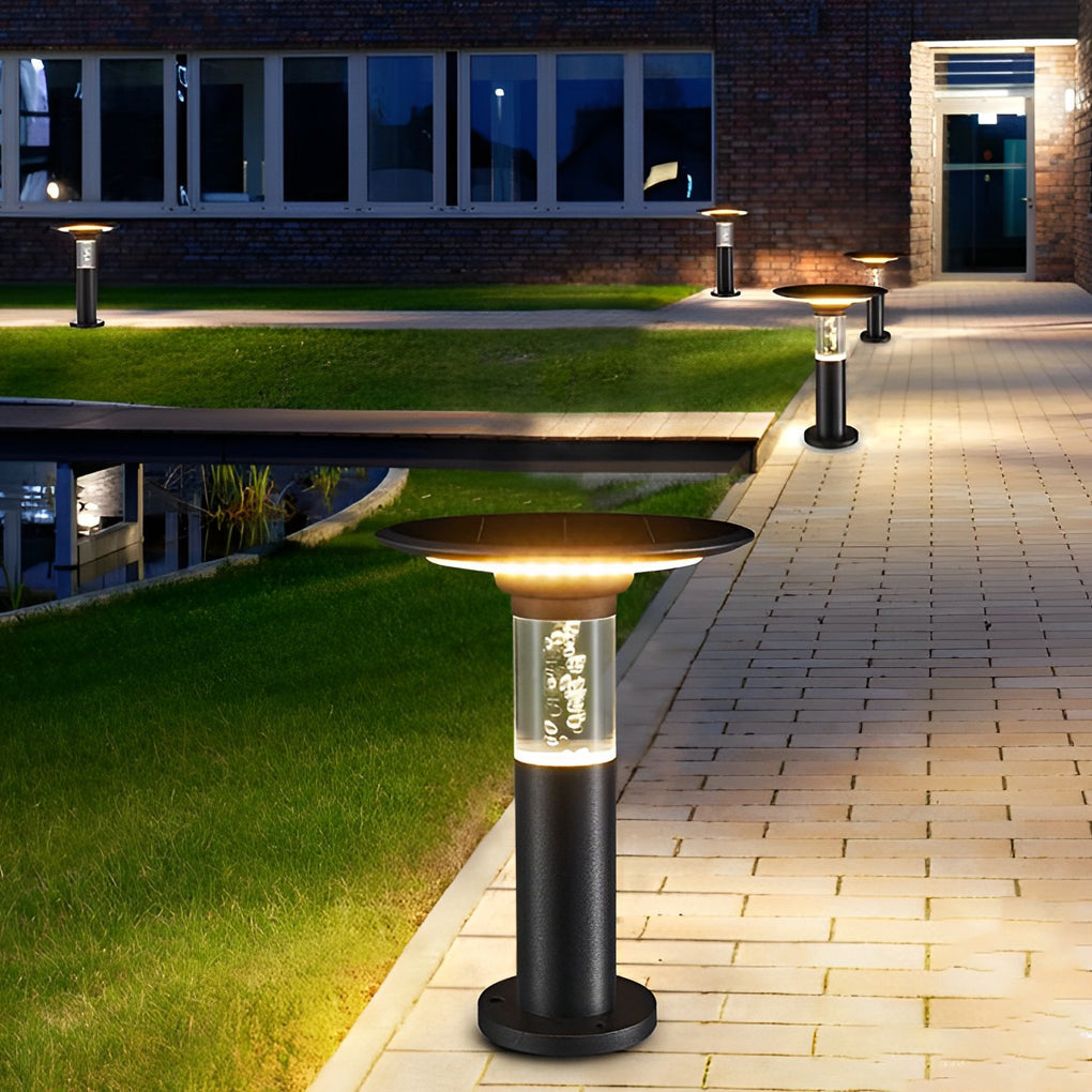 Solar LED Path Light Round Disc Top Bubble Pole Design Black Die-Cast Aluminum 3 Heights