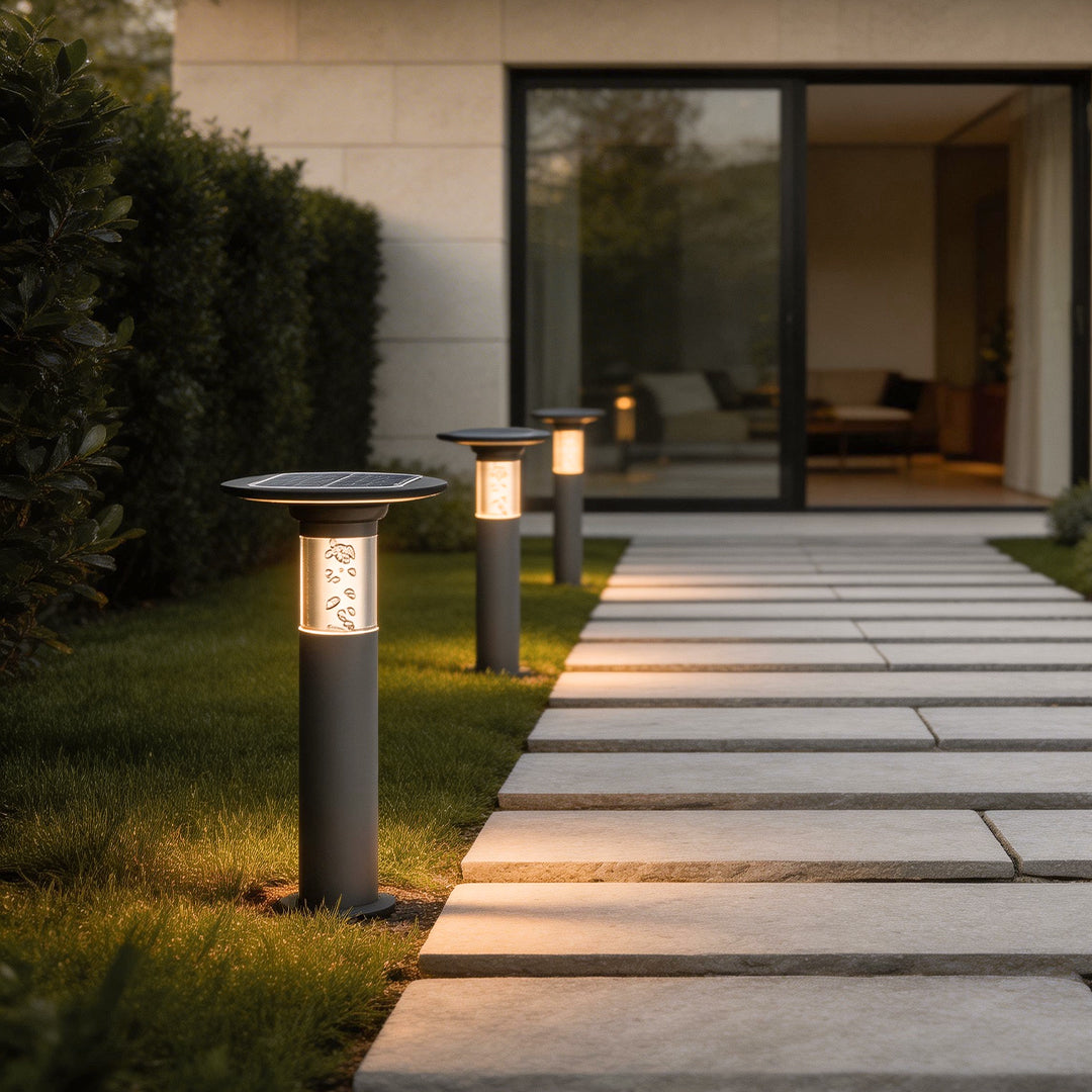 Solar LED Path Light Round Disc Top Bubble Pole Design Black Die-Cast Aluminum 3 Heights