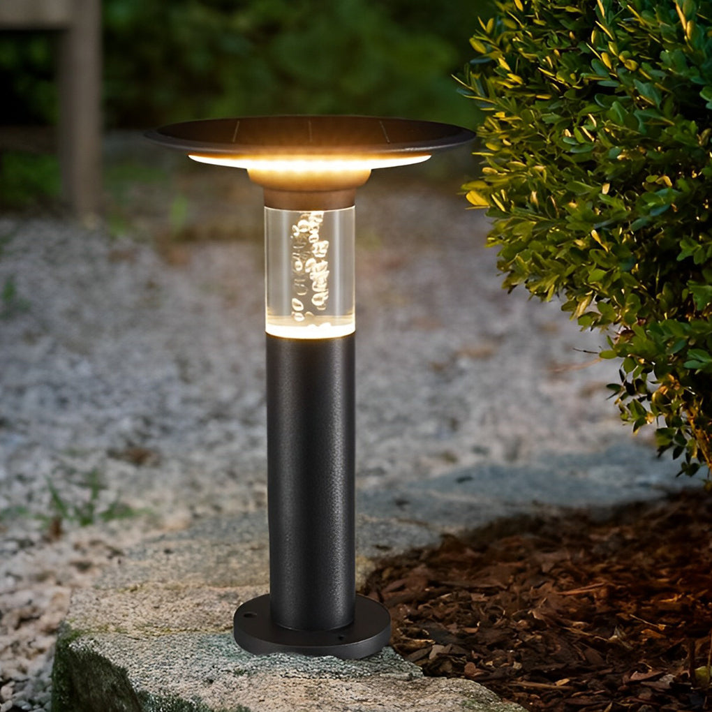 Solar LED Path Light Round Disc Top Bubble Pole Design Black Die-Cast Aluminum 3 Heights