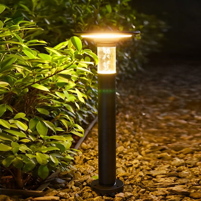 Solar LED Path Light Round Disc Top Bubble Pole Design Black Die-Cast Aluminum 3 Heights