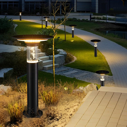 Solar LED Path Light Round Disc Top Bubble Pole Design Black Die-Cast Aluminum 3 Heights