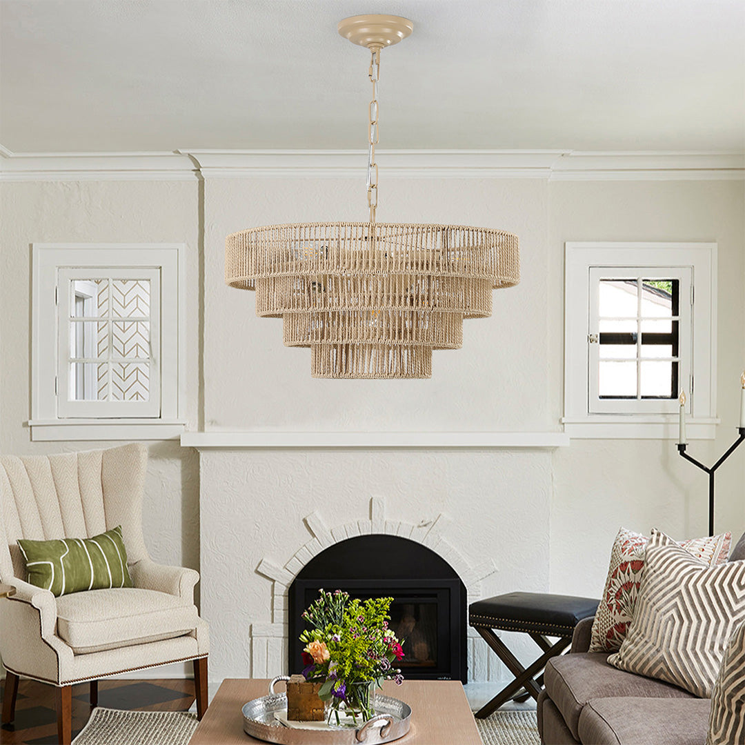 Wabi-Sabi Chandelier Hand-Wrapped Jute Rope Iron Frame Japandi Dining Room Living Room