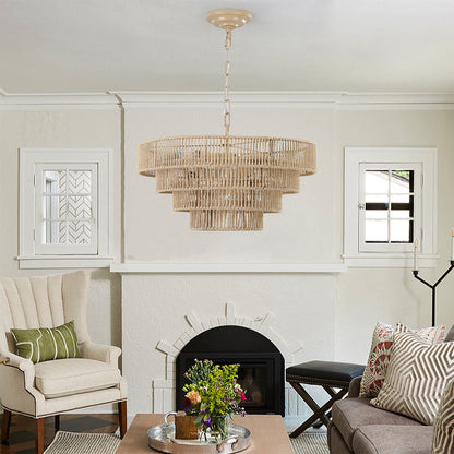 Wabi-Sabi Chandelier Hand-Wrapped Jute Rope Iron Frame Japandi Dining Room Living Room