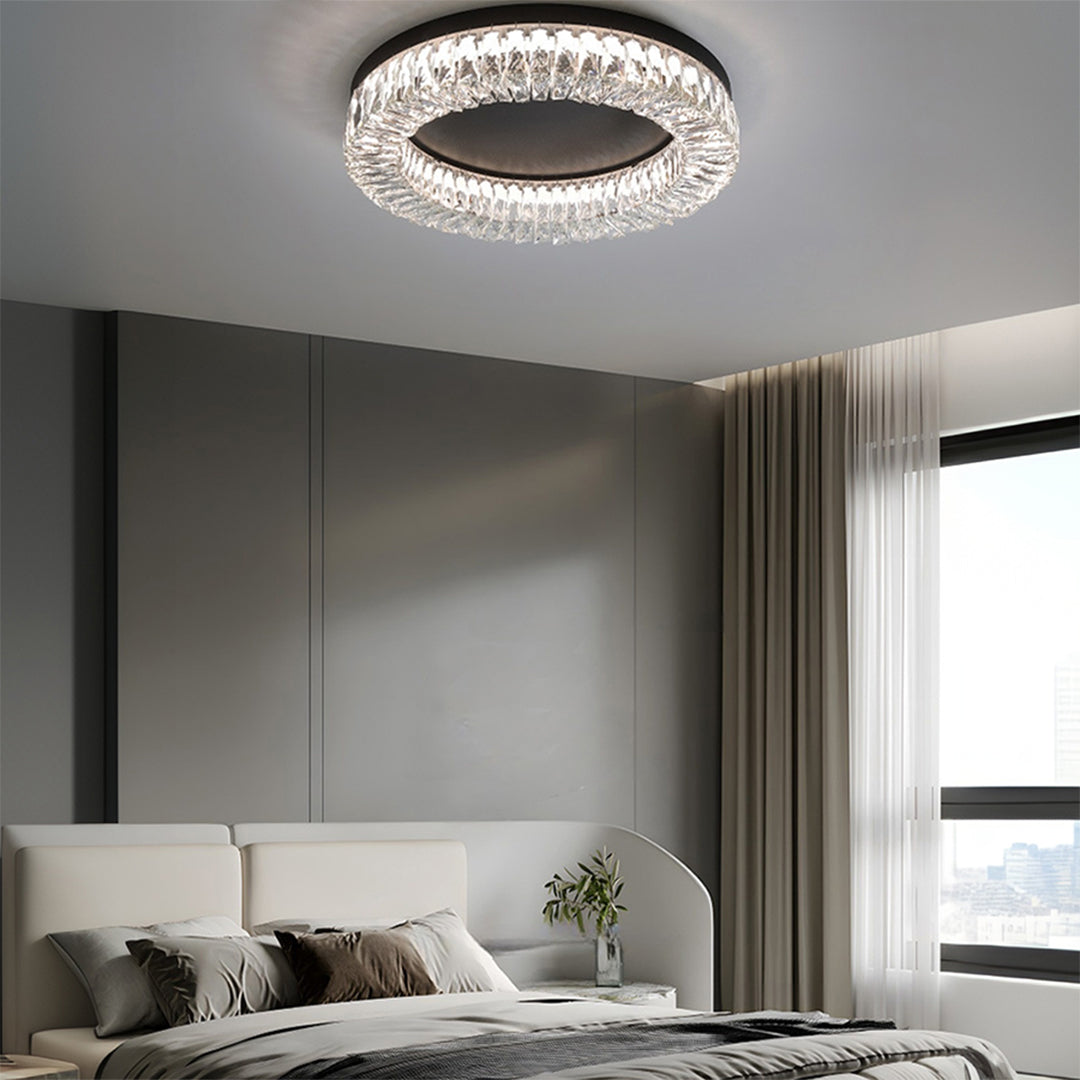 Black Crystal Halo Flush Mount Round Remote Dimming Three Sizes