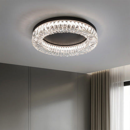 Black Crystal Halo Flush Mount Round Remote Dimming Three Sizes