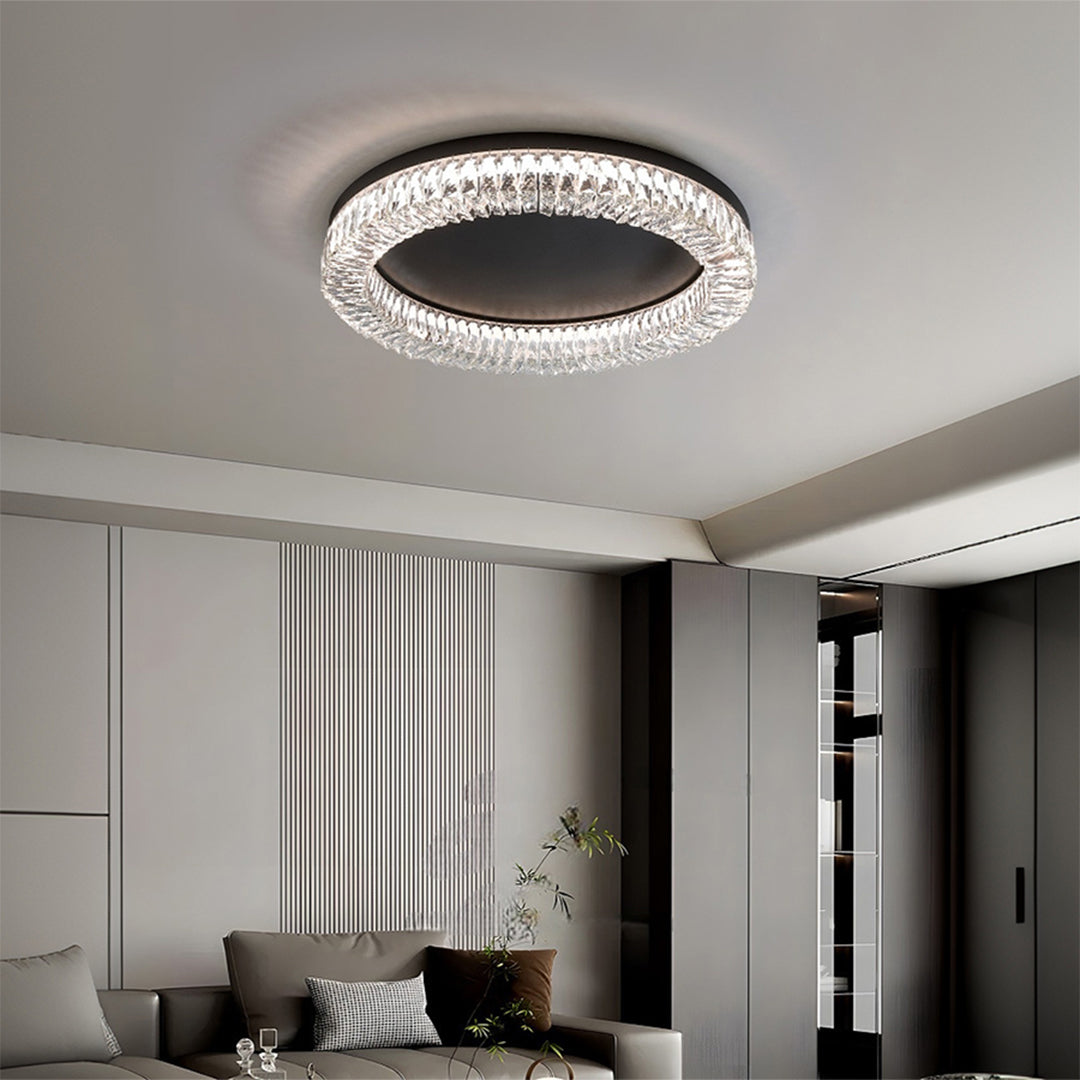 Black Crystal Halo Flush Mount Round Remote Dimming Three Sizes