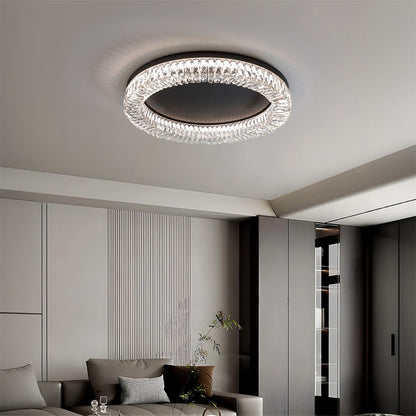 Black Crystal Halo Flush Mount Round Remote Dimming Three Sizes
