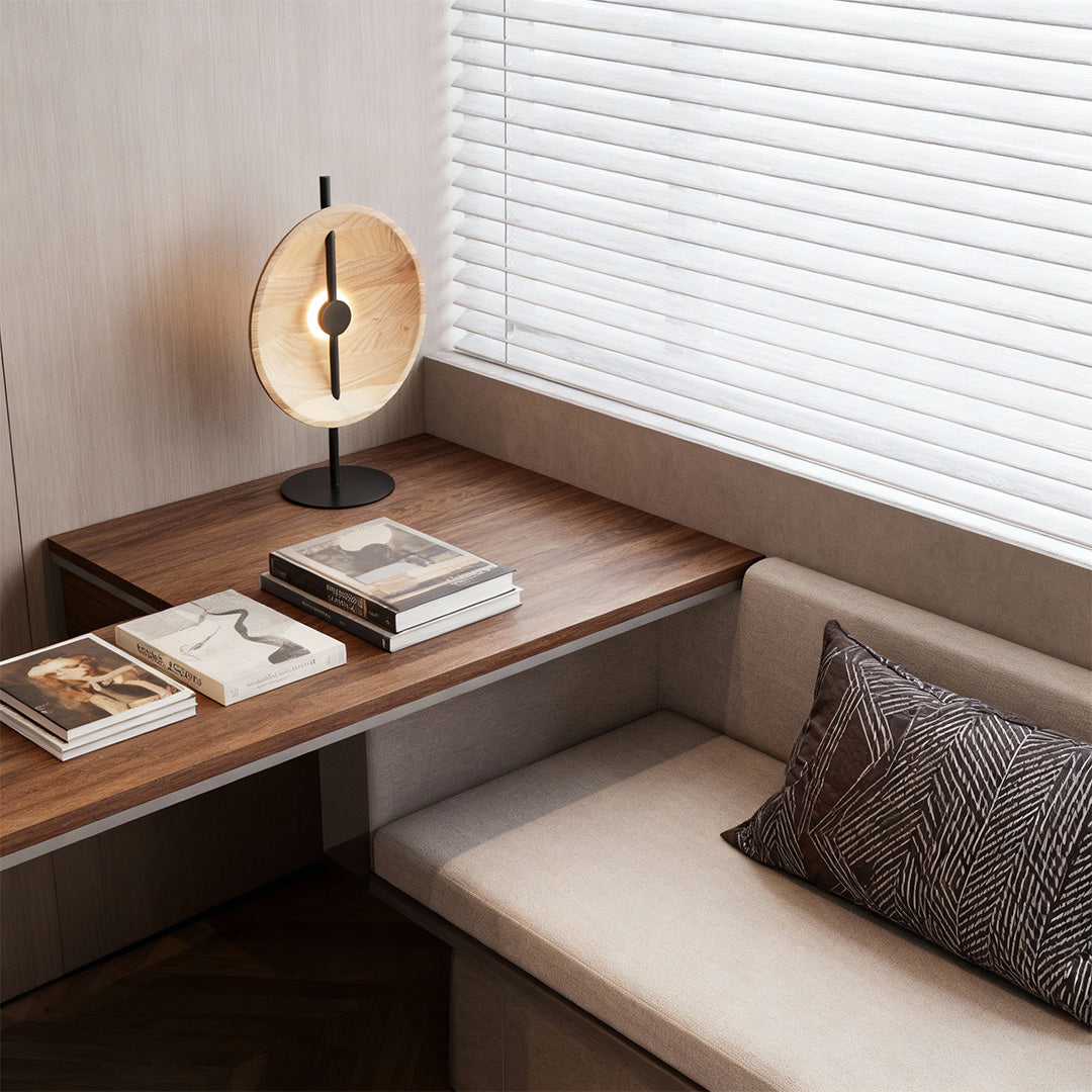 Ash Wood Round Disc Table Lamp Modern Minimalist LED Warm White Black or Natural 20.47 Inch