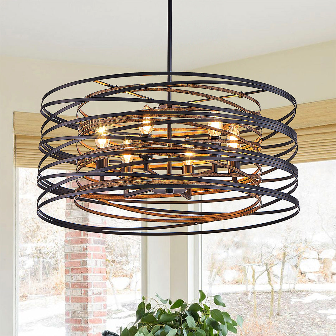 Black Drum Pendant Light Stacked Iron Rings Walnut Accent E12 American Retro 3 Sizes Dining Bar