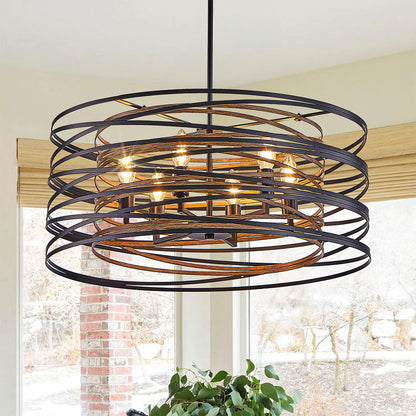Black Drum Pendant Light Stacked Iron Rings Walnut Accent E12 American Retro 3 Sizes Dining Bar