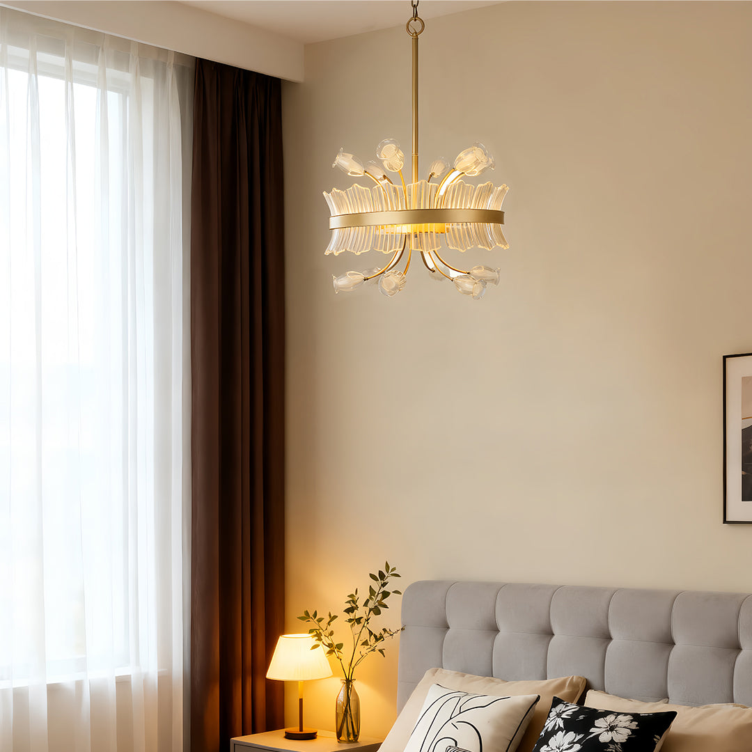 Gold Electroplated Blossom Chandelier with Crystal Accents and Integrated Warm White LED