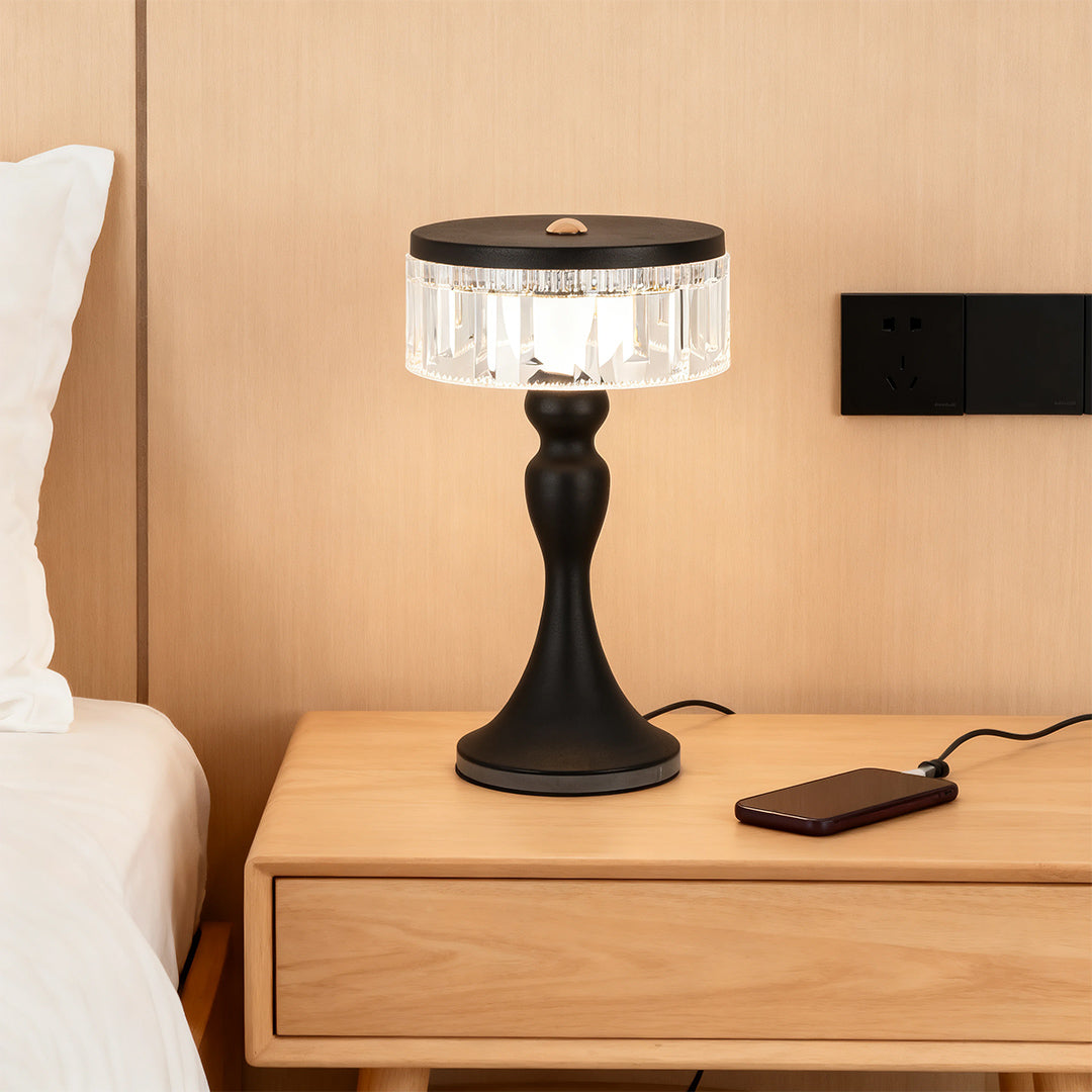 Nordic Forged Iron Pedestal Table Lamp Crystalline Acrylic Ring Shade USB Rechargeable Touch Dimmable Black White 10.04 Inch