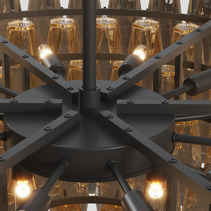 Grand-Scale Iron Frame Chandelier with Cascading Glass Drops