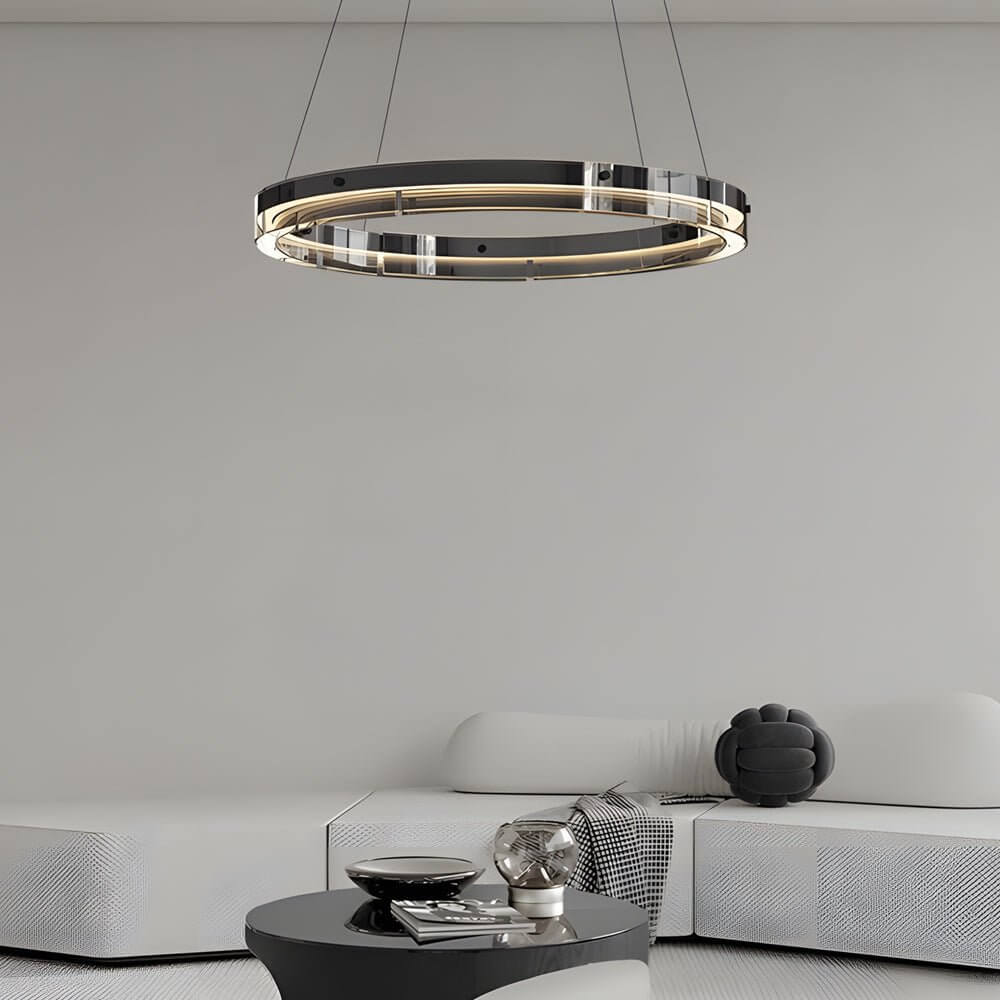 Black Glass Ring Chandelier LED Dimmable 3000K 6000K Aluminium 3 Sizes