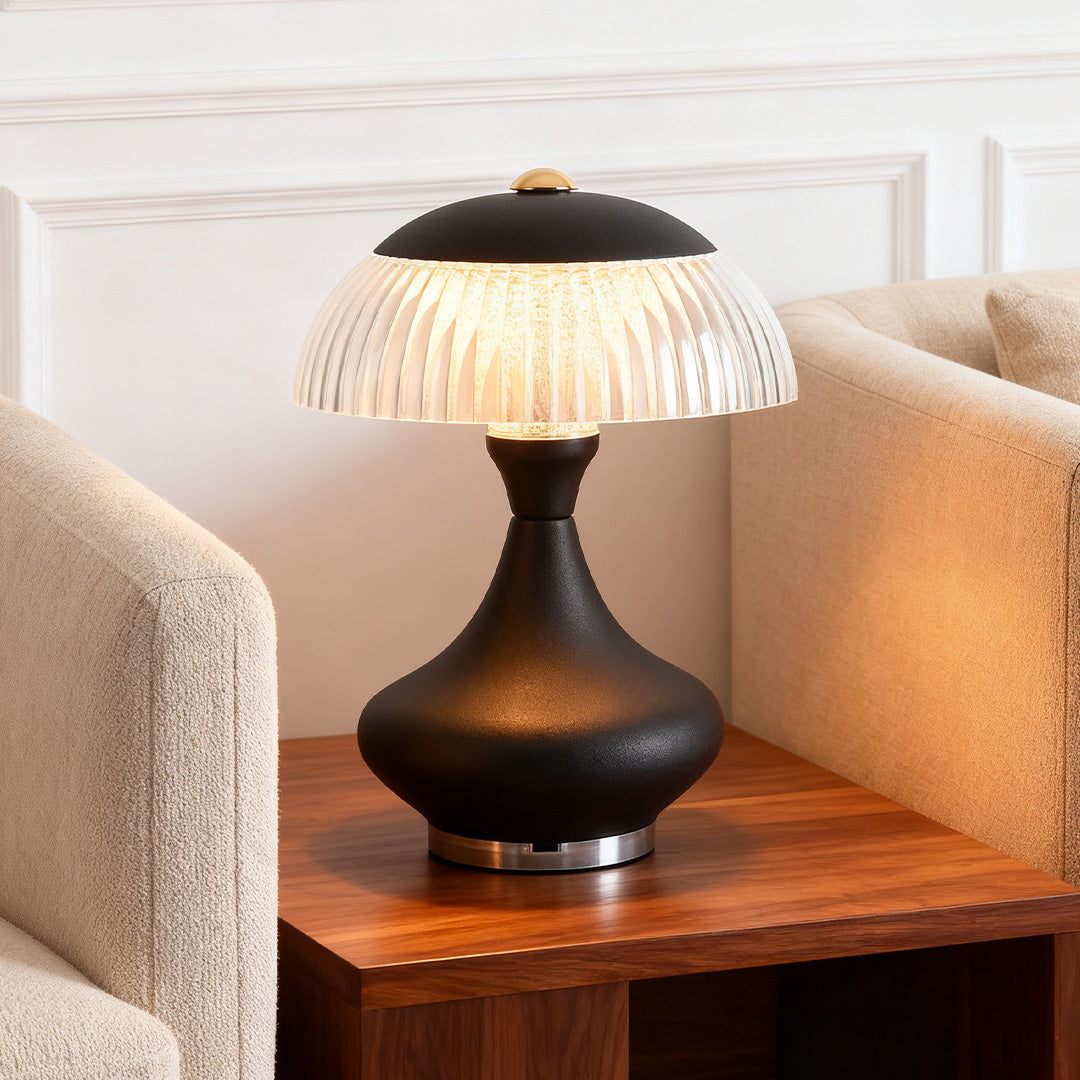 Ceramic Style Hourglass Table Lamp Ribbed Acrylic Mushroom Shade USB Rechargeable Stepless Touch Dimmable Black White 7.87 Inch