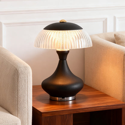 Ceramic Style Hourglass Table Lamp Ribbed Acrylic Mushroom Shade USB Rechargeable Stepless Touch Dimmable Black White 7.87 Inch
