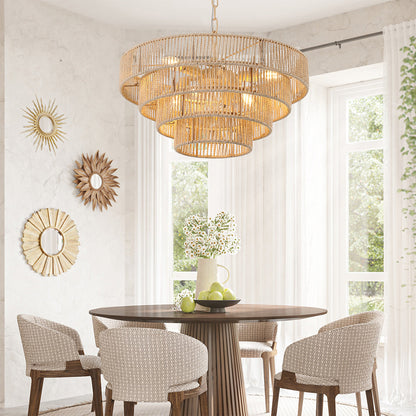 Wabi-Sabi Chandelier Hand-Wrapped Jute Rope Iron Frame Japandi Dining Room Living Room